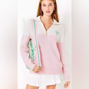 LILLY PULITZER Pink White Love Tennis Dorset Half Zip Sweater